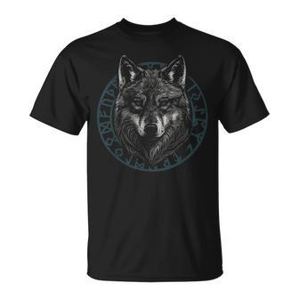 Wolf With Blue Eyes Viking Runes Animal Graphic T-Shirt - Seseable