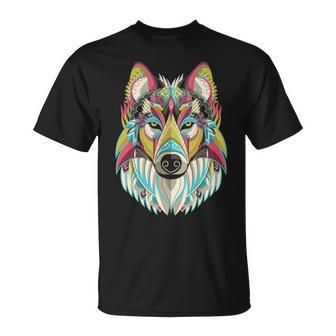 Wolf Native American Geometrical Art Colorful T-Shirt | Mazezy