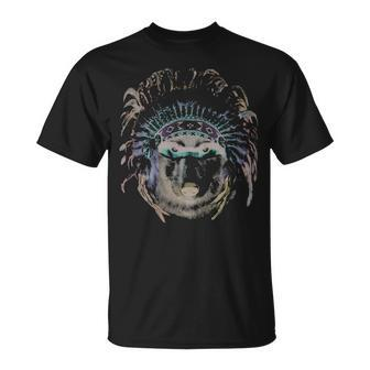 Wolf In Native Indian Headdress T-Shirt | Mazezy