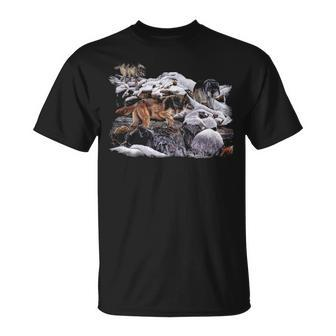 Wolf Sweat Wildlife Wolf Mountain Three Wolf T-Shirt | Mazezy