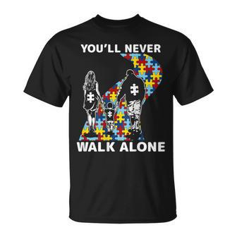 You'll Never Walk Alone Autism Awareness On Back T-Shirt - Monsterry