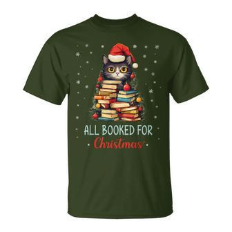All Booked For Christmas Black Cat Santa Christmas Book Tree T-Shirt - Seseable