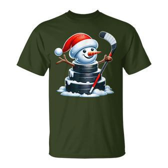 Cartoon Ice Hockey Puck Snowman With Santa Hat Christmas T-Shirt - Monsterry