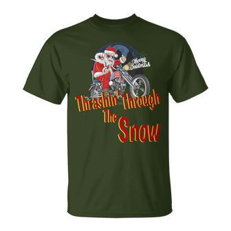 Christmas Biker Santa Motorcycle Thrashin' Through The Snow T-Shirt - Monsterry UK