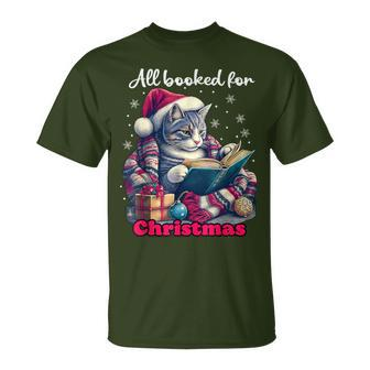 Christmas Cat Reading Book All Booked For Christmas Bookworm T-Shirt - Seseable