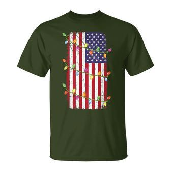 Christmas Lights Usa Flag Patriotic Veteran Christmas T-Shirt - Monsterry