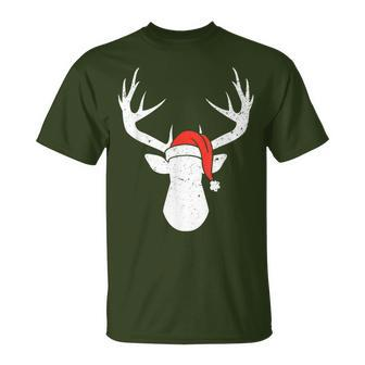 Deer With Santa Hat Christmas Pajama Hunting Hunter Xmas T-Shirt | Mazezy