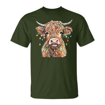 Fluffy Scottish Highland Cow With Xmas Lights Christmas T-Shirt | Mazezy