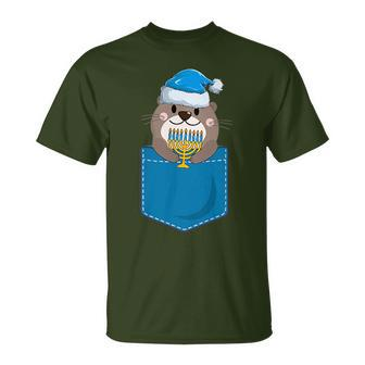 Jewish Otter Santa Menorah In Pocket Hanukkah Pajamas T-Shirt - Seseable