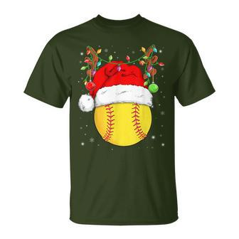Softball Reindeer Santa Hat Christmas Lights Holiday T-Shirt - Monsterry UK