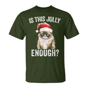Is This Jolly Enough Christmas Cat Santa Hat Grumpy T-Shirt - Seseable