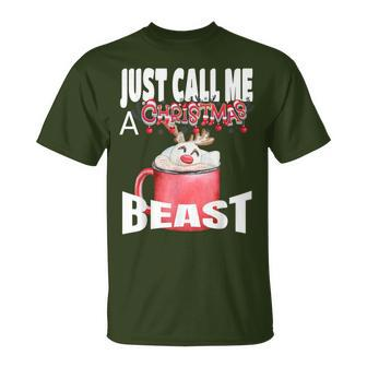 Just Call A Christmas Beast With Cute Deer In Cocoa Cup T-Shirt - Monsterry DE