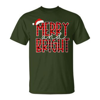 Merry And Bright Buffalo Plaid Red Santa Hat Christmas Xmas T-Shirt - Seseable
