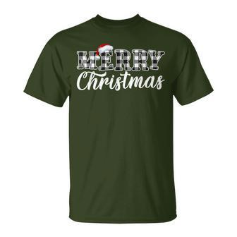 Merry Christmas Buffalo Plaid Black And White Santa Hat Xmas T-Shirt - Seseable