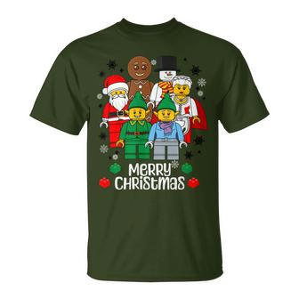Merry Christmas Building Bricks Santa Elf Snowman Figures T-Shirt - Seseable