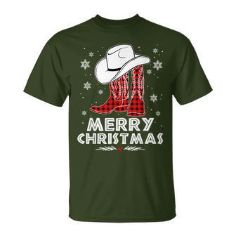 Merry Christmas Cowboy Boots Red Buffalo Plaid Western T-Shirt - Monsterry UK