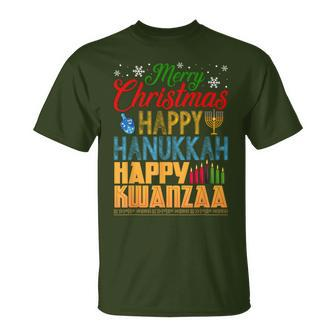 Merry Christmas Happy Hanukkah Happy Kwanzaa T-Shirt - Monsterry DE