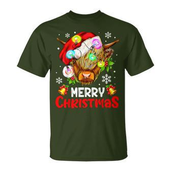 Merry Christmas Highland Cow Western Santa Hat Xmas Pajamas T-Shirt - Monsterry