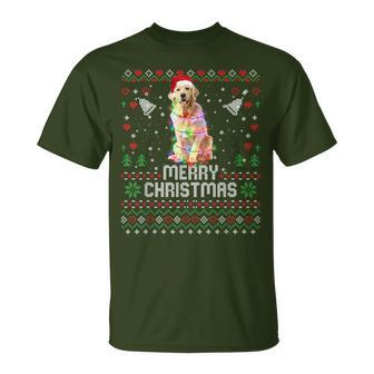 Merry Christmas Lighting Ugly Golden Retriever Christmas T-Shirt - Seseable