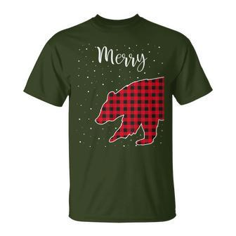 Merry Christmas Red Plaid Buffalo Bear Couples Matching T-Shirt - Monsterry CA