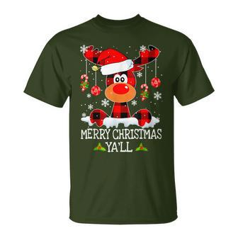 Merry Christmas Ya'll Reindeer Santa Hat Buffalo Red Plaid T-Shirt - Monsterry UK