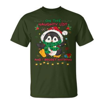 On The Naughty List And I Regret Nothing Peguin Christmas T-Shirt | Mazezy