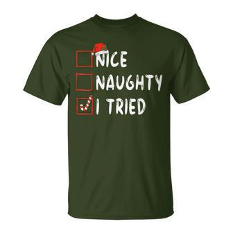 Nice Naughty I Tried Santa Hat Christmas Lights Pajama T-Shirt - Seseable