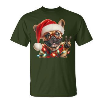 Peace Sign Hand French Bulldog Santa Christmas Dog Pajamas T-Shirt - Seseable