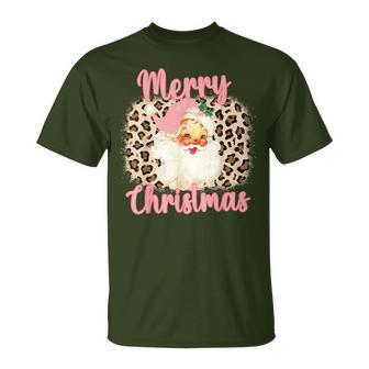 Pink Vintage Santa Claus Merry Christmas Leopard T-Shirt - Monsterry