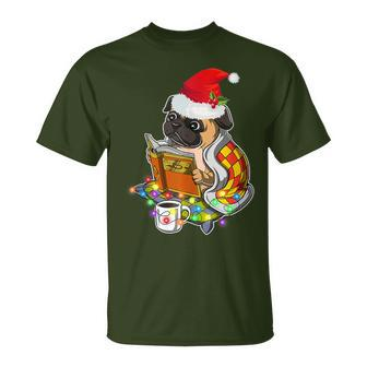 Pug Reading Book Dog Bookworm All Booked For Christmas T-Shirt - Seseable