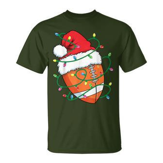 Santa Football Sports Ball Boys Christmas Xmas Lights T-Shirt | Mazezy