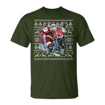 Santa On Motorcycle Ugly Christmas Sweater T-Shirt - Monsterry