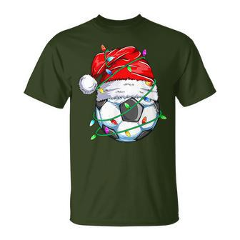 Santa Soccer Sports Ball Boys Christmas Xmas Lights T-Shirt | Mazezy