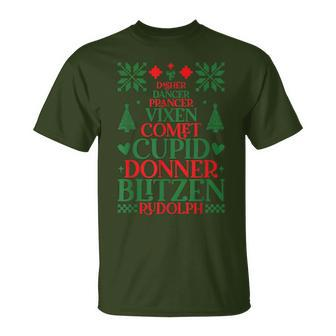 Santa's Reindeer Name Rudolph Family Ugly Christmas Sweater T-Shirt - Seseable