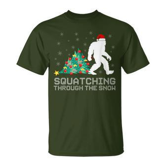 Squatching Through The Snow Bigfoot Christmas Sasquatch T-Shirt - Monsterry