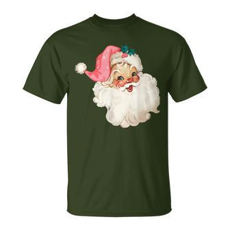 Vintage Pink Santa Claus Water Color Pink Christmas T-Shirt - Seseable