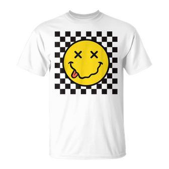 70S Yellow Smile Face Tongue Out Checkered Happy Face T-Shirt - Thegiftio UK