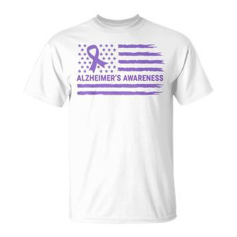 Alzheimer's Awareness Purple Ribbon American Flag Dementia T-Shirt - Monsterry