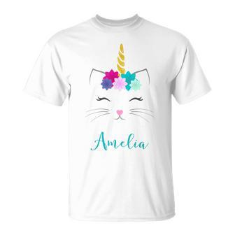 Amelia Name Personalised Cat Unicorn T-Shirt - Seseable