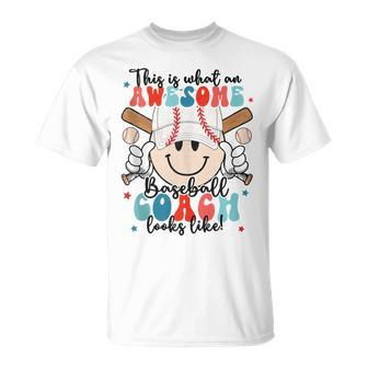 Awesome Baseball Coach Looks Like Smile Face Fathers Day T-Shirt - Seseable