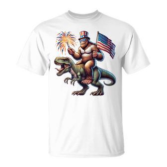 Bigfoot Sasquatch Riding Dinosaur T Rex 4Th Of July T-Shirt - Monsterry AU