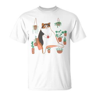 Calico Cat With Pot Plants Cat Lover For Mom Women T-Shirt - Monsterry