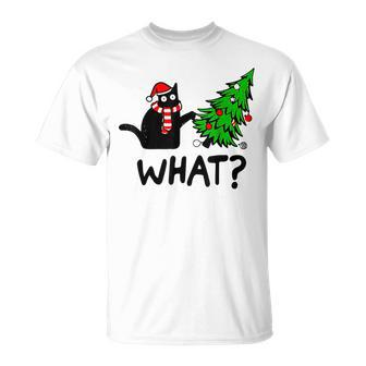Cat What Christmas Murderous Black Cat Pushing Tree Xmas T-Shirt | Mazezy