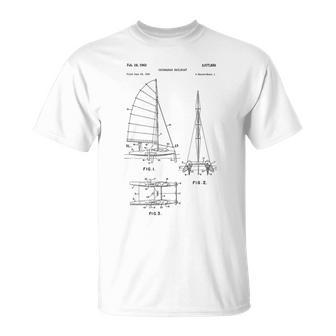Catamaran Sailboat Blueprint Old Sailing Boat Ocean T-Shirt - Monsterry