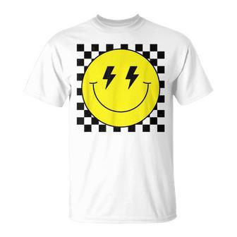 Checkered Lightning Eyes Yellow Smile Face Happy Face T-Shirt - Monsterry