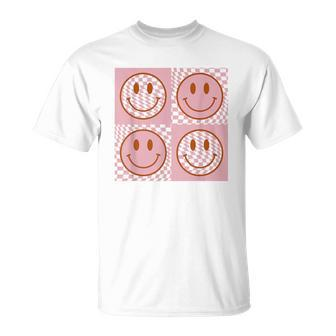 Checkered Pattern Happy Face Retro Pink Smile Face T-Shirt - Thegiftio UK