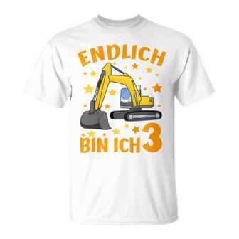 Children's Endlich Bin Ich 3 Jahre Dritter Birthday Digger Construction Site 80 T-Shirt - Geschenkecke