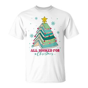 Christmas Book Tree Retro All Booked For Christmas Book Tree T-Shirt - Seseable