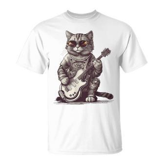Cool Guitar Playing Cat With Glasses Band Rock Guitar T-Shirt | Seseable CA
