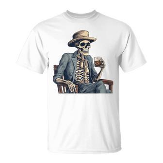 Cowboy Skeleton Drinking Whiskey Western Outlaw Skull Saloon T-Shirt - Monsterry CA